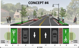 The City of Boston's preferred concept for Cummins Highway would address safety concerns by  reducing the street's width, widening sidewalks, and adding protected bike lanes. Courtesy of the City of Boston Public Works Department.