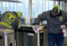 MBTA staff disinfect fare gates in an effort to slow the spread of COVID-19 and other viruses in early March 2020. Courtesy of the MBTA.