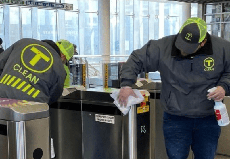MBTA staff disinfect fare gates in an effort to slow the spread of COVID-19 and other viruses in early March 2020. Courtesy of the MBTA.