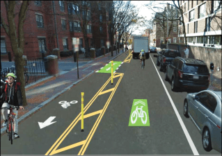 A rendering of the proposed Quincy/Bow/Dewolfe bikeway, which would create a bi-directional bike facility between the Charles riverfront and Cambridge Street. Courtesy of the City of Cambridge.