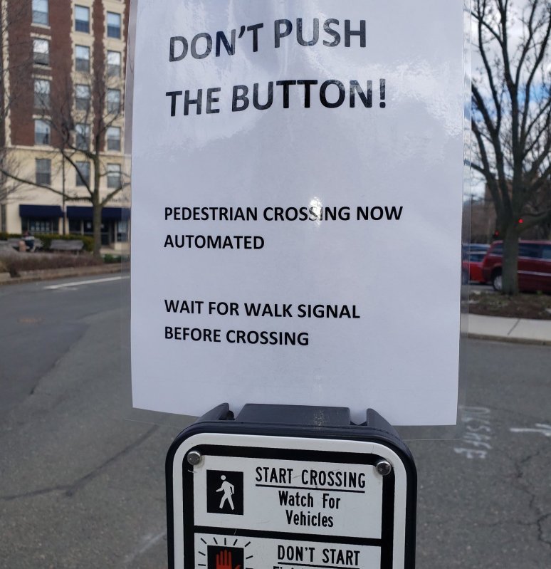 The Town of Brookline has deactivated beg buttons at 55 traffic signals across the town in response to the COVID-19 pandemic.