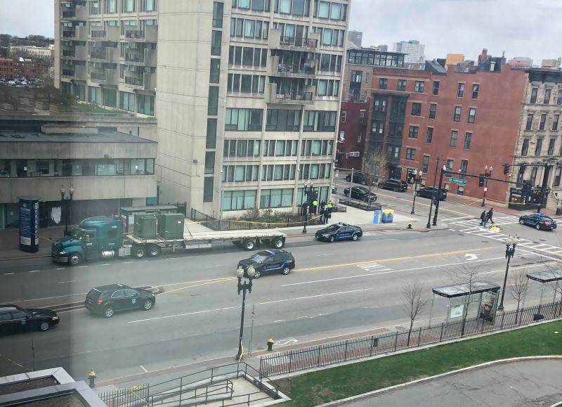 A driver struck and killed a bicyclist at the corner of Harrison and Massachusetts Avenues on April 22, 2020. The driver of the truck pictured at left was involved in the crash and remained on the scene; bystander reports suggest a second hit-and-run driver may have also been involved. Contributed photo.