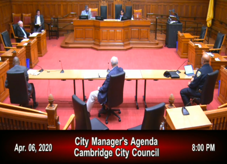 An still from the livestream from the Cambridge City Council meeting of Monday, April 6, 2020. Most Councilors were participating via teleconference to abide by Governor Baker's stay-at-home advisory.
