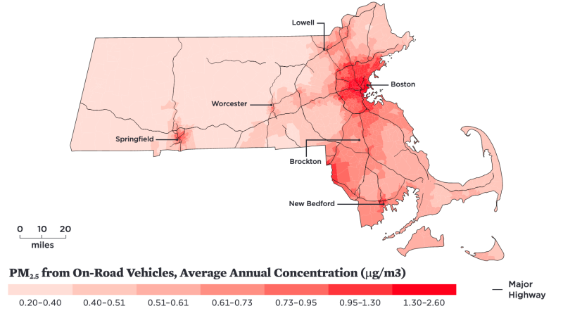 Traffic from major highways increases the health risks of fine particulate pollution exposure in the Commonwealth's biggest cities. Courtesy of the Union of Concerned Scientists.