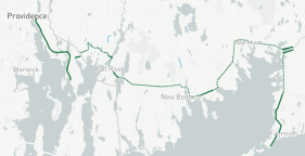 An overview map of a conceptual South Coast Bikeway route, which aims to link Providence, Rhode Island, Fall River, New Bedford, and Cape Cod. Solid green lines indicate trail segments that have already been built.