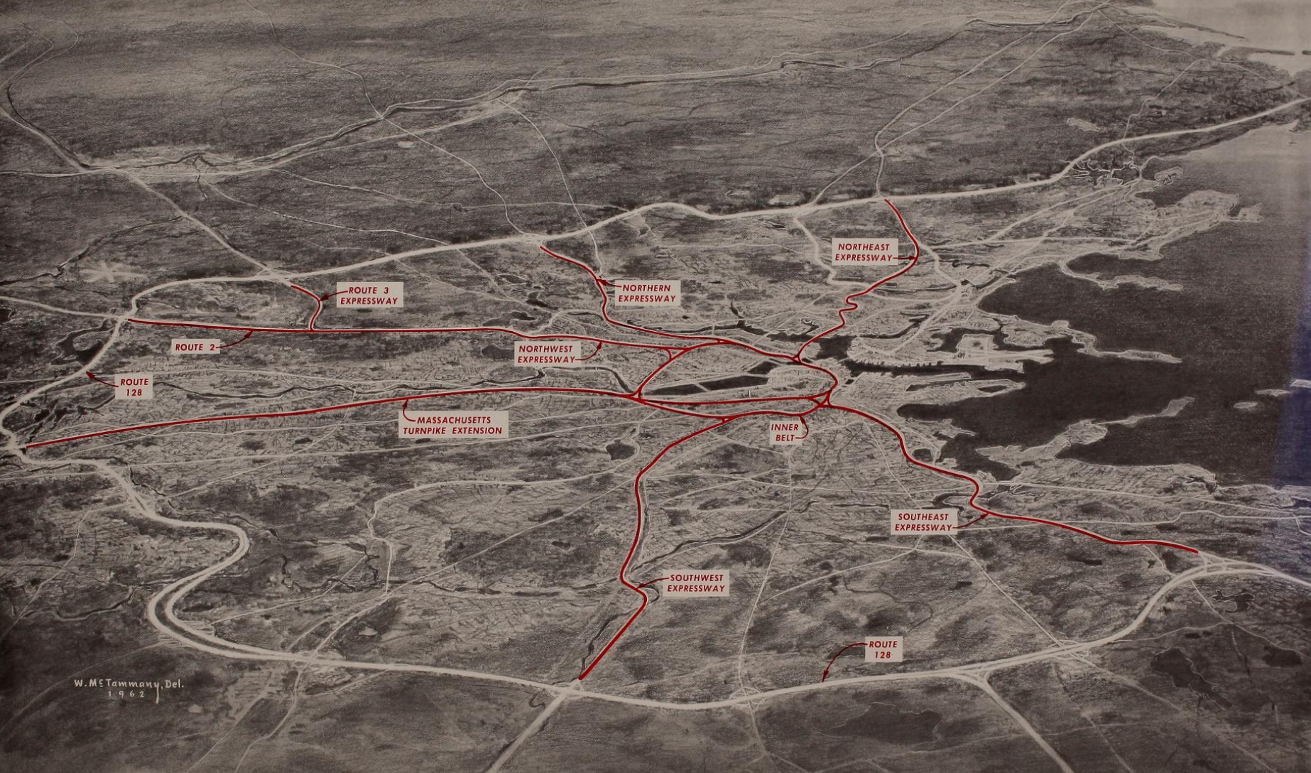 An aerial map of interstate highways proposed in the 1962 Massachusetts "Inner Belt and Expressway System" plan. Courtesy of the Boston Public Library.