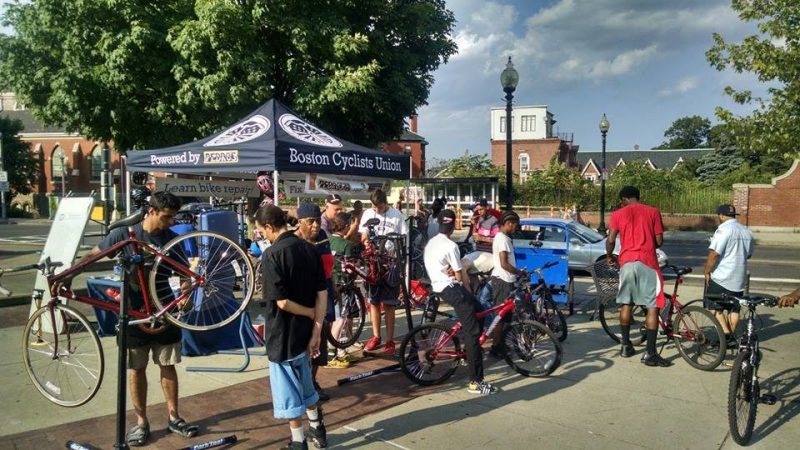 The Boston Cyclists Union's "Bike to Market" events bring bike repair services and training to Boston neighborhoods that are underserved by brick-and-mortar bike shops. Photo courtesy of the Boston Cyclists Union.