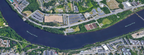Pawtucket Boulevard and the Merrimack River waterfront in Lowell, just west of downtown. Courtesy of Google Maps.