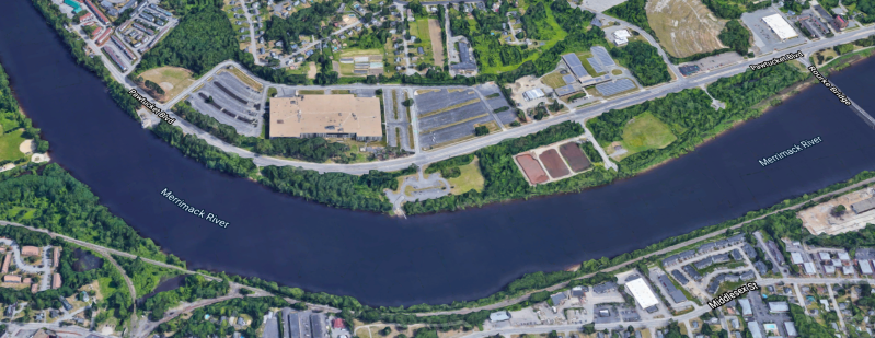 Pawtucket Boulevard and the Merrimack River waterfront in Lowell, just west of downtown. Courtesy of Google Maps.
