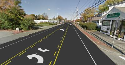 A rendering of the new three-lane "road diet" layout on Main Street in Reading. The new layout will be tested in a "pilot" project over the summer and fall of 2020, and evaluated according to its benefits in reducing rates of crashes and illegal speeding. Courtesy of MassDOT.