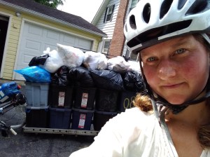 Pedal People member Annie Doran with a fully loaded bike trailer from her Northampton trash hauling route. Courtesy of Annie Doran.