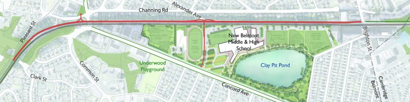 An overview map of Belmont's "phase 1" Community Path project, which would extend the existing Fitchburg Cutoff bike path in Cambridge to Belmont's town center. Courtesy of the Town of Belmont Community Path Committee.