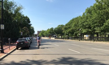 Charles Street between the Public Gardens and Boston Common during "rush hour" on the afternoon of Tuesday, July 7, 2020, before the City of Boston set out a row of construction barrels to create a protected bike lane as part of its "Healthy Streets" initiative.