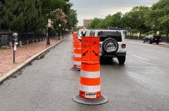 A new protected bike lane, photographed here on the morning of Wednesday, July 22, was installed using temporary materials on Charles Street in downtown Boston as part of the city's "Healthy Streets" initiative. Photo courtesy of StreetsblogMASS board member Matt Lawlor.