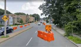 The City of Boston will test a proposed road diet on Cummins Highway in Mattapan with temporary materials later this summer. Photo illustration courtesy of the City of Boston Public Works Department.