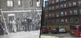 A historic photo of the Boston Parks and Recreation Department's Foster Street Playground in the North End, compared with its condition today, after being taken over by  car owners. Both images courtesy of Peter Petrigno.