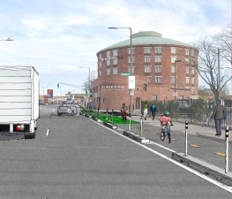 A rendering illustrates the City of Boston's proposal to add a two-way protected bikeway on Massachusetts Avenue between Melnea Cass Boulevard and Columbia Road in Dorchester. Courtesy of the City of Boston.