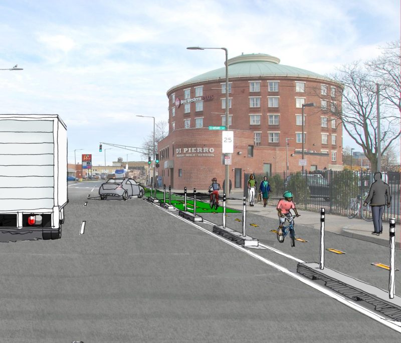 A rendering illustrates the City of Boston's proposal to add a two-way protected bikeway on Massachusetts Avenue between Melnea Cass Boulevard and Columbia Road in Dorchester. Courtesy of the City of Boston.