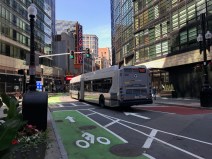 A new bike lane and dedicated bus lane for Silver Line buses have been painted on Washington Street in downtown Boston, as seen in this July 7, 2020 photo. The city plans to install bollards soon to prevent double-parking in the bike lane.