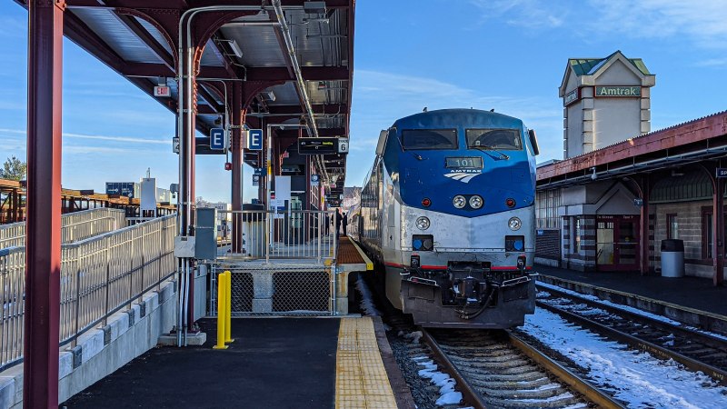 An Amtrak train waits to depart from Springfield Union Station in January 2020. Photo by Trains in the Valley, licensed under Creative Commons BY-SA 4.0.