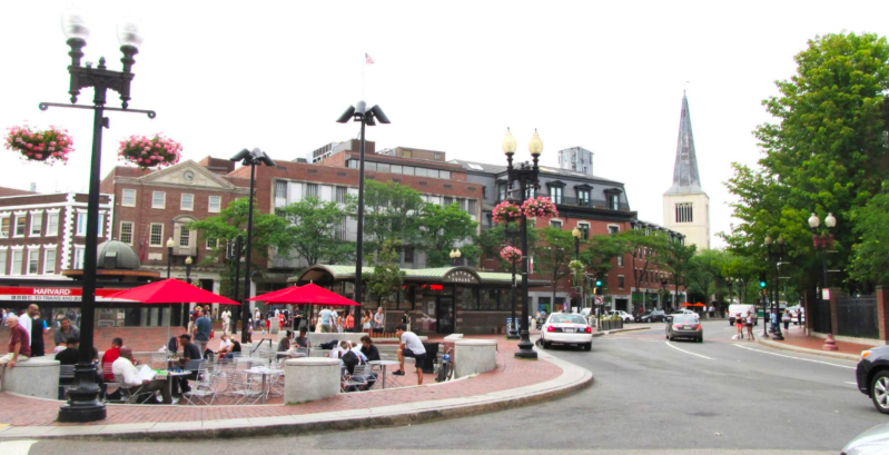 Harvard Square, looking west. The City of Cambridge plans to eliminate one of the two lanes on Massachusetts Avenue (right) to shorten crosswalks and add separation to the bike lane where a truck driver killed a bicyclist earlier this month. Courtesy of the City of Cambridge.