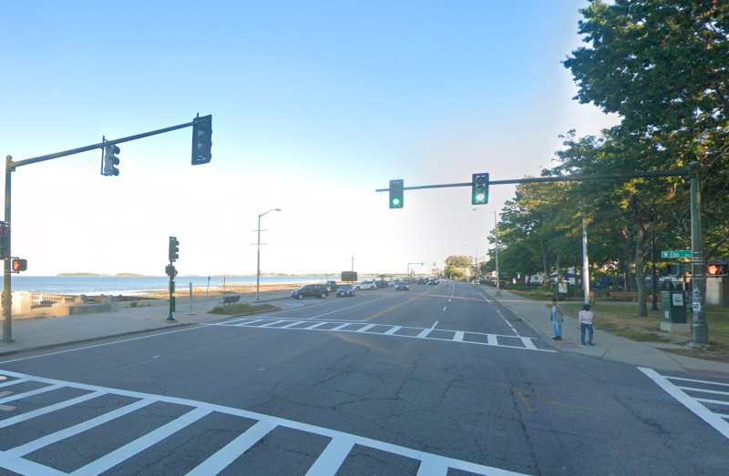 The intersection of West Elm St. and Quincy Shore Drive, where a Newton man struck and killed a victim in the crosswalk last Saturday, August 15, 2020. Image courtesy of Google Street View.