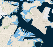 A map of inner Boston neighborhoods that are likely to flood during storms by the 2050s under current expectations of sea-level rise. Courtesy of Climate Ready Boston.