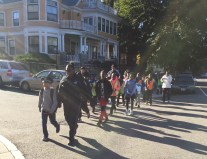 A walking school bus makes its way to Ellis Elementary School in Roxbury. Courtesy of Sam Balto.