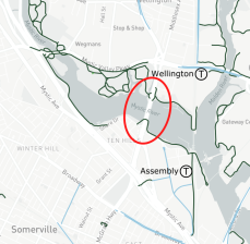 The Wellington Bridge (circled in red) between Medford and Somerville will get new protected bike lanes this fall. Existing bike paths are shown in green and bike lanes in blue. Base map courtesy of MAPC.