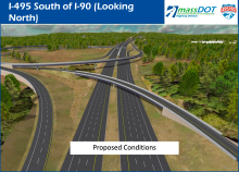 An unrealistically traffic-free rendering of MassDOT's proposed new interchange at I-495 and I-90, a federally-funded project that's expected to cost about $300 million.