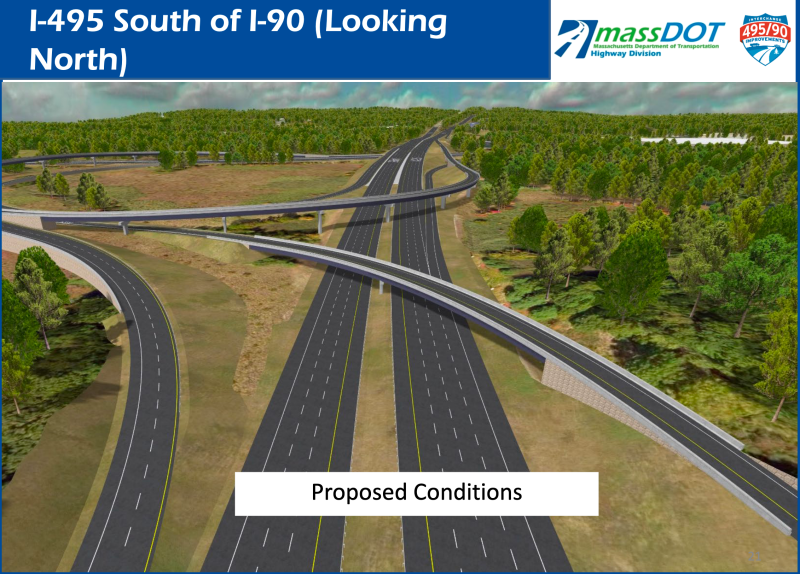 An unrealistically traffic-free rendering of MassDOT's proposed new interchange at I-495 and I-90, a federally-funded project that's expected to cost about $300 million.