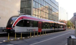 A Capital Metro commuter train in downtown Austin.