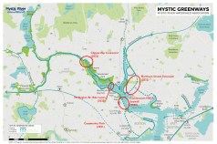 The Mystic River Watershed Association's greenway vision map, with annotations showing pathway links that are either under construction or expected to break ground in the next year, and their expected dates of completion. Courtesy of the Mystic River Watershed Association.
