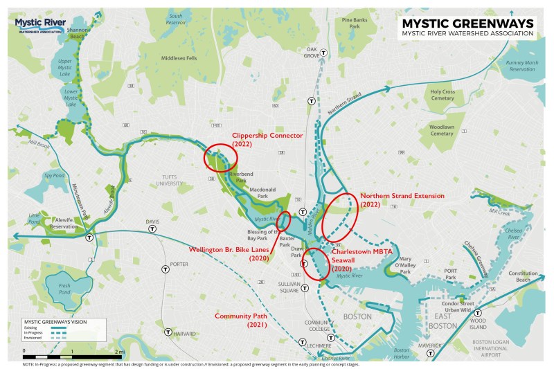 The Mystic River Watershed Association's greenway vision map, with annotations showing pathway links that are either under construction or expected to break ground in the next year, and their expected dates of completion. Courtesy of the Mystic River Watershed Association.