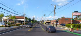 A rendering of Needham Street in Newton, MA with raised protected bike lanes and new sidewalks. Courtesy of MassDOT.