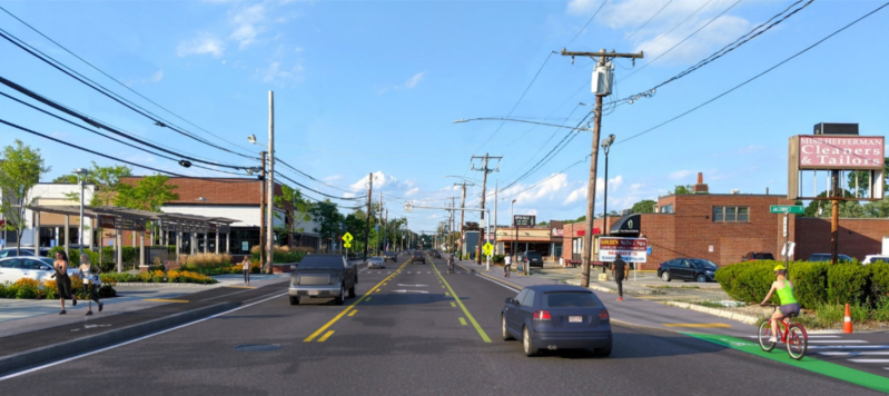 A rendering of Needham Street in Newton, MA with raised protected bike lanes and new sidewalks. Courtesy of MassDOT.