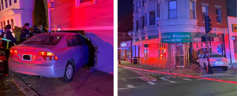 Drivers crashed into two South Boston buildings in crashes on Oct. 16 and Oct. 17, 2020. Photos courtesy of the Boston Fire Dept.