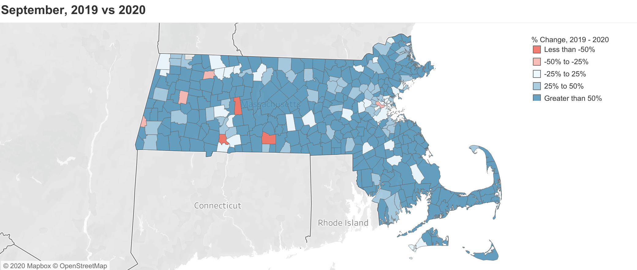 Map of Massachusetts pedestrian Activity Sept 2019 vs. Sept2020
