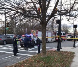 The scene of a fatal crash in Milton near Mattapan Square on Nov. 17, 2020, after an Eversource driver struck and killed a victim who was riding a bicycle on Blue Hill Avenue. Courtesy of the Massachusetts State Police.