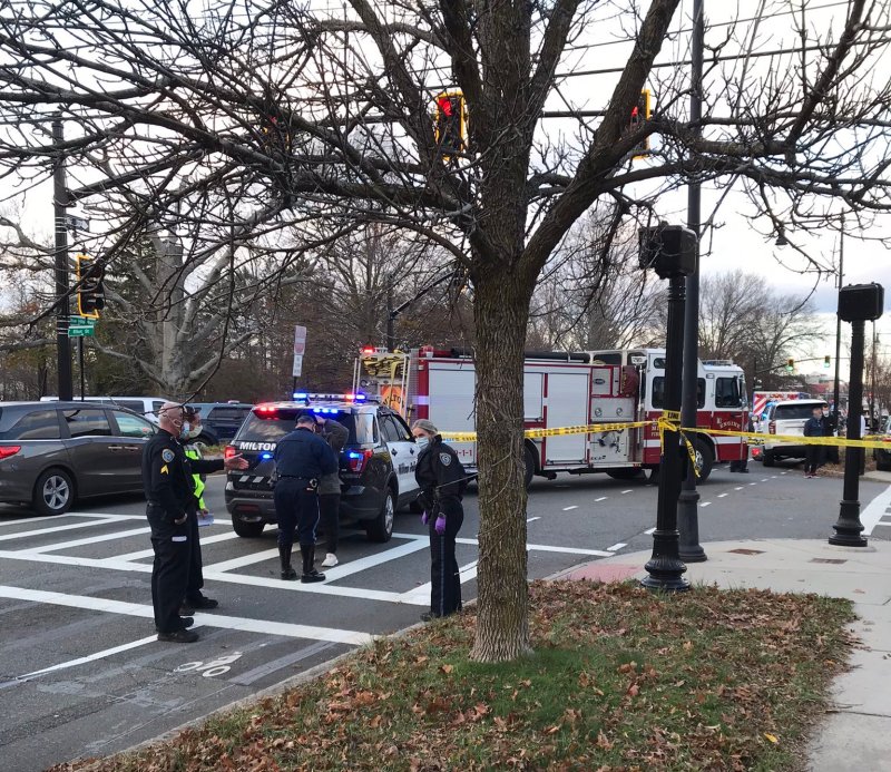 The scene of a fatal crash in Milton near Mattapan Square on Nov. 17, 2020, after an Eversource driver struck and killed a victim who was riding a bicycle on Blue Hill Avenue. Courtesy of the Massachusetts State Police.