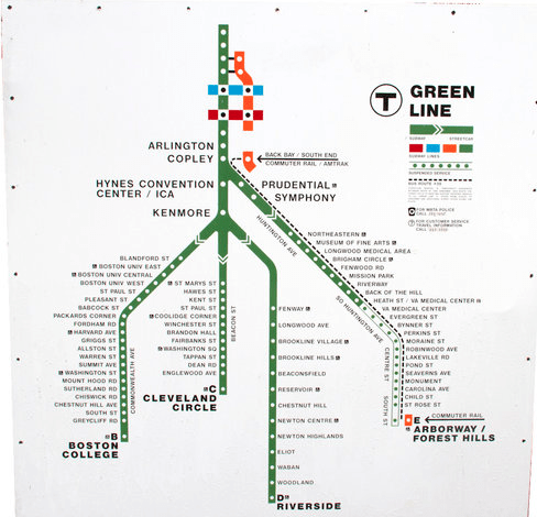 A late-1980s map of the Green Line shows the "suspended" segment of the E branch to Forest Hills. The T has long since given up any pretext of resurrecting light rail service through Jamaica Plain. Courtesy of the MBTA.