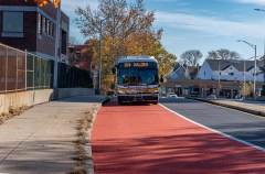 A new shared bus and bike lane has been installed on Florence Street in downtown Malden. Photo courtesy of the MBTA.