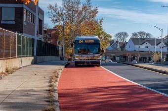 A new shared bus and bike lane has been installed on Florence Street in downtown Malden. Photo courtesy of the MBTA.
