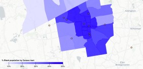 A plot of fatal crashes (red circles) that involved a bike rider or pedestrian between 2018 and 2020 in the greater Brockton area. Of 11 fatal crashes in the region, 9 occurred in neighborhoods where Black residents make up 10 percent or more of the total neighborhood population.
