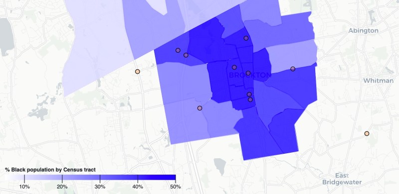 A plot of fatal crashes (red circles) that involved a bike rider or pedestrian between 2018 and 2020 in the greater Brockton area. Of 11 fatal crashes in the region, 9 occurred in neighborhoods where Black residents make up 10 percent or more of the total neighborhood population.