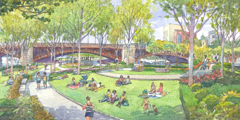 An Esplanade Association rendering of what the Charles River waterfront could look like with a planned reconfiguration of Storrow Drive near the Longfellow Bridge. Courtesy of the Esplanade Association's "Esplanade 2020" report.