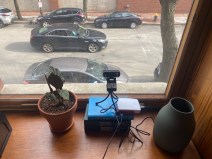 Adam Balsam's homemade speed camera  consists of a webcam, a $35 hobbyist computer, and some free open-source software that can analyze speeds from the images of moving cars. Photo courtesy of Adam Balsam.