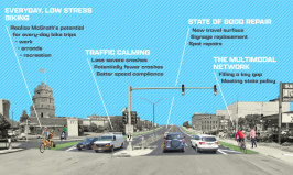 A rendering of the proposed McGrath Highway road diet in Somerville. The project proposes to turn two of the highway's six lanes into buffered bike lanes. Courtesy of MassDOT.