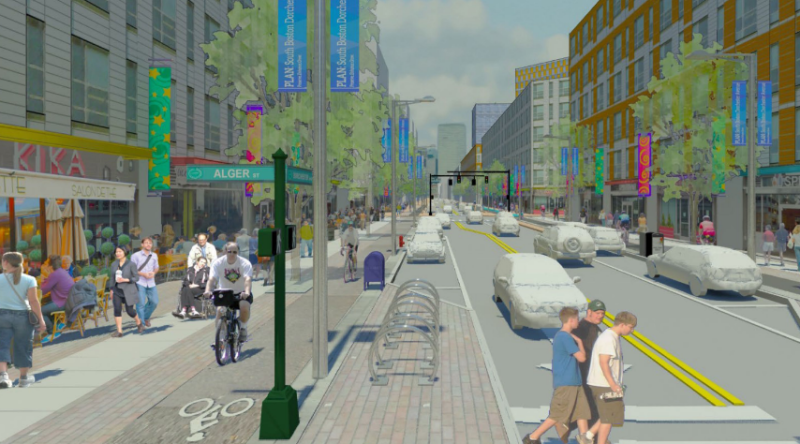 A rendering of a future Dorchester Avenue, looking north from Alger Street. As new apartments and office buildings replace warehouses along Dorchester Ave. in South Boston, the BPDA plans ask abutters to set aside space for protected bike lanes and wider sidewalks. Courtesy of the BPDA.