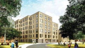 The proposed Northampton Street Residences is one of the handful of housing developments that Boston approved in 2020 that will include no on-site parking lots or garages. The project will replace a surface parking lot with 47 new affordable apartments adjacent to the Southwest Corridor Park and the Mass. Ave. Orange Line station. Rendering by  Höweler + Yoon Architecture, courtesy of the BPDA.